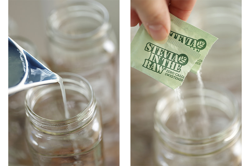 Stevia and lime juice pouring into a mason jar.